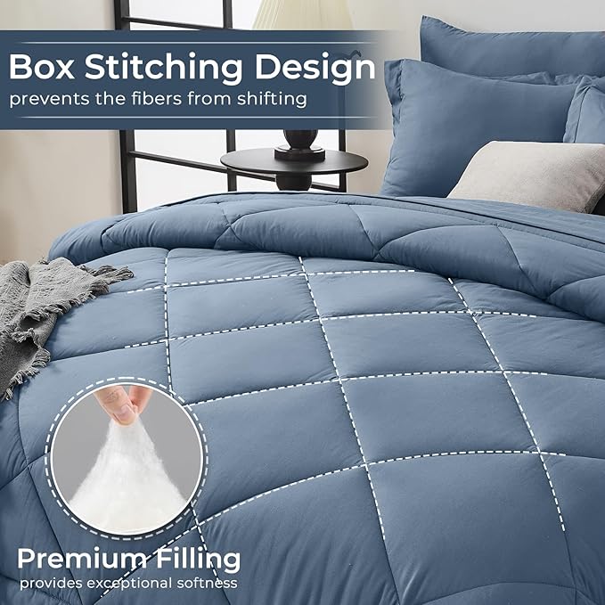 HEVUMYI Dusty Blue Cali-King Comforter Set - 7-Piece All Season Bed in a Bag Cali-King, Ultra Soft Bedding Set with Comforter, Flat Sheet, Fitted Sheet, Pillowcases, Pillow Shams