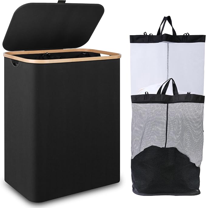 iEGrow 150L Laundry Basket with Lid,Large Laundry Hamper with Bamboo Handles, Hampers for Laundry, Dirty Clothes Hamper with 2 Removable Inner Bags for Clothes Toys Towels,Black by iEGrow