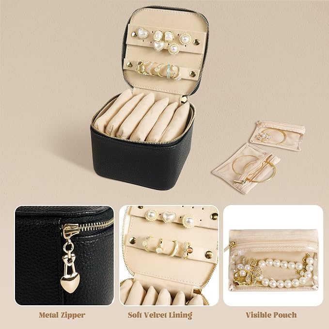 Travel Jewelry Case, Small Travel Jewelry Box with 6 Velvet Jewelry Bag Mini Pouch, Portable Travel Jewelry Organizer for Rings Earrings Necklaces, Beauty Gifts for Women Girls (Black) - Image 2