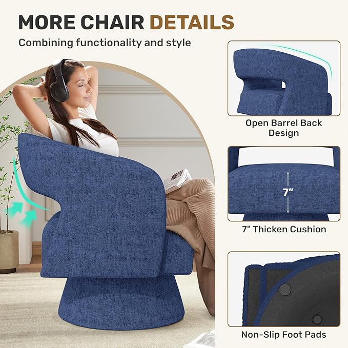 Nebuaegis Swivel Accent Chair Set of 4, Modern Comfy Chenille Barrel Chairs, Oversized Upholstered Round Arm Chair for Living Room, Bedroom, Reading Room, Blue