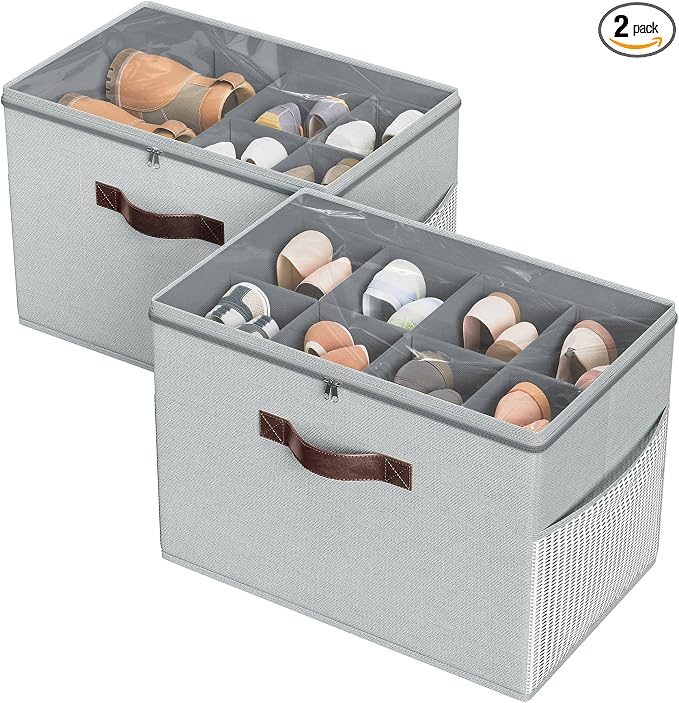 Budding Joy 2 Pack Shoe Organizer for Closet, Clear Foldable Shoe Storage Containers Adjustable Dividers Fits 16 Pairs,Shoe Storage Bins Baskets Boxes with Reinforced Handles Light grey by BuddingJoy-BuildaJoyfulLifeforYou