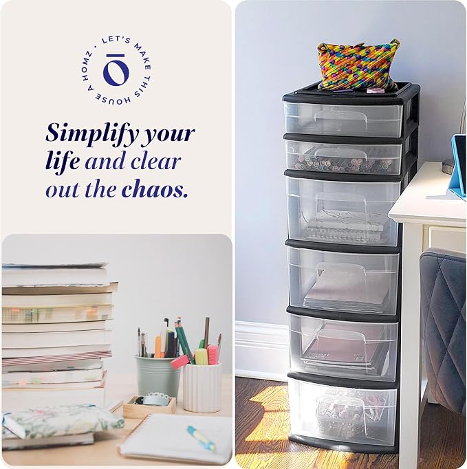 HOMZ Drawer Tower, 6-Tier Clear Plastic Storage Organizer Cart, Black Frame - Heavy-Duty Organizing Drawers for Home, Bedroom, and Closet Organization - Image 6
