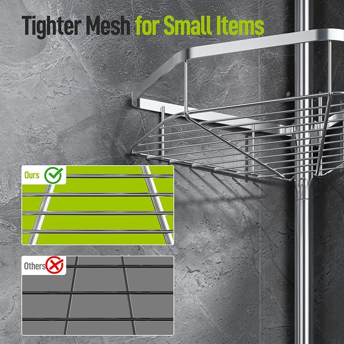 LAMU Shower Caddy Corner Tension Pole, Stainless Steel Shower Organizer, Strong Spring, 5 Adhesive Pads, 2.4 in Non-Slip Grid Base, Adjustable 4-Tier Basket, 4 Hooks, Fits Heights 37.8-124 in, Silver - Image 7