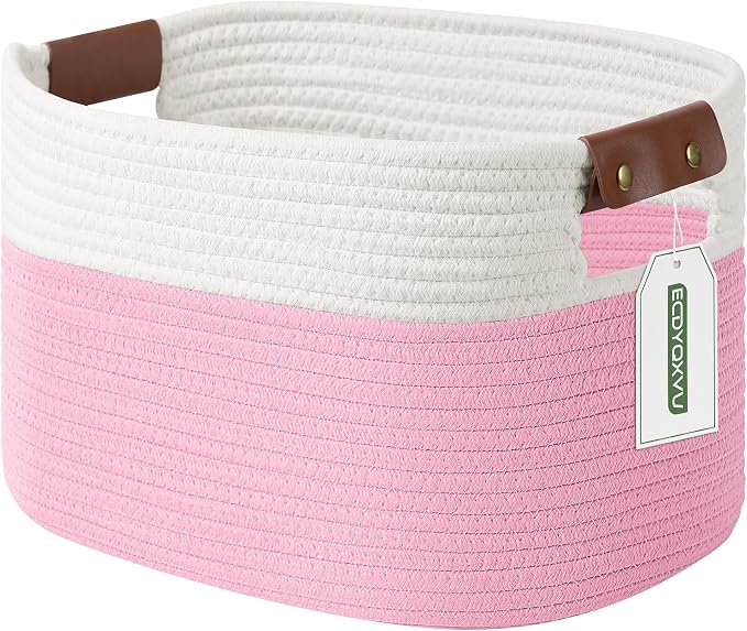 ECDYQXVU Cotton Rope Basket, Storage Baskets with Handle, 15x10x9 Inch Woven Basket for Shelves, Laundry, Towels, Clothes, Books (White/Pink 1Pack) by ECDYQXVU