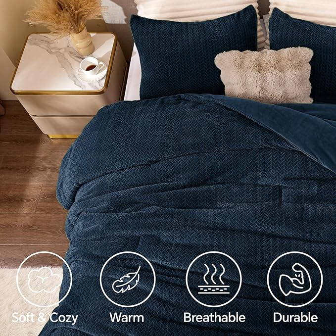 Flannel Fleece Twin Comforter Set - Furry Navy Blue Leaves Pattern Faux Fur Bed Set, Winter Ultra Soft Fuzzy Comfort Set, Velvet Bedding Set for Bed with 1 Pillow case