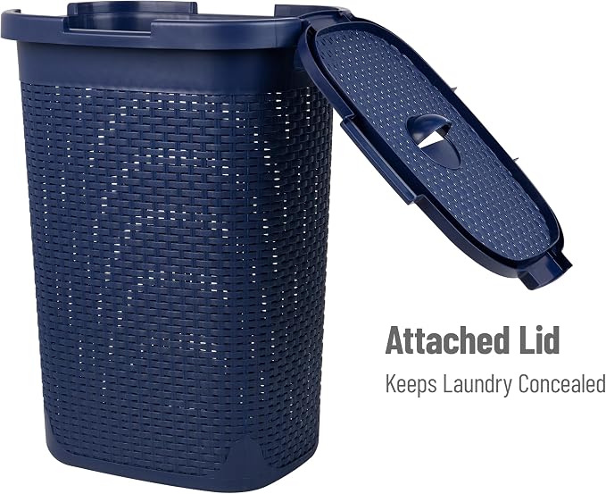 Mind Reader Slim Laundry Hamper with Lid, 60L Tall Clothes Basket, Narrow Tapered Design for Bathrooms, Closets and Laundry Rooms, Plastic, Navy - Image 5