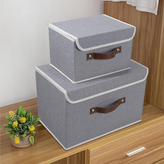 ANMINY Storage Bin with Lid Storage Boxes with PU Leather Handles PP Plastic Board Decorative Foldable Lidded Cotton Linen Fabric Home Cubes Baskets Closet Organizer Container - Gray, Medium - Image 7
