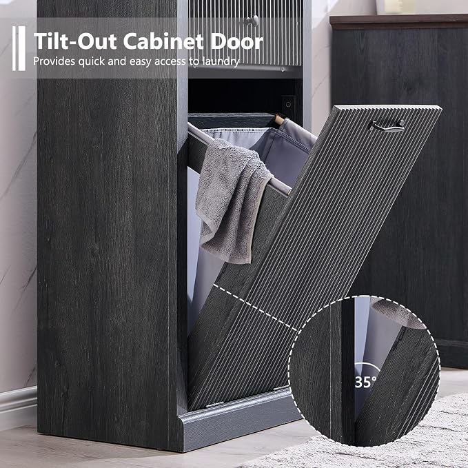 IFBUY Modern Tilt-Out Laundry Hamper Cabinet, 10 Gallon Fluted Trash Can Cabinet with Drawer, Wooden Hidden Garbage Can Cabinets with Laundry Basket, Free Standing for Bathroom and Kitchen, Grey - Image 4