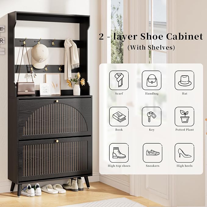 Fsbecl Shoe Cabinet for Entryway with 2 Flip Drawers & Coat Rack, Narrow Hidden Shoe Storage Cabinet with Fluted Panel, 2-in-1 Hall Tree Slim Freestanding Shoe Rack Organizer for Hallway, Black - Image 6