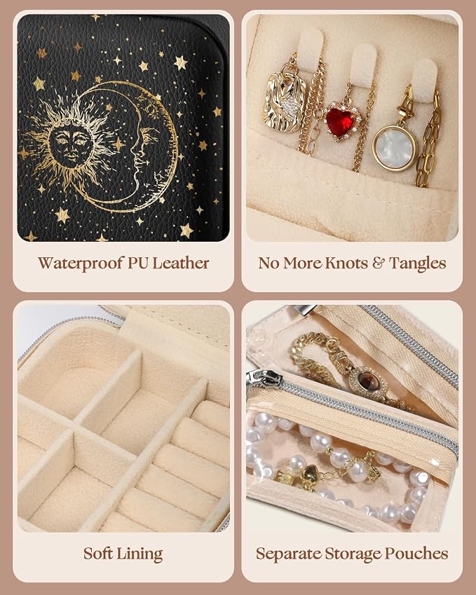 Bistup Travel Jewelry Case - Small Jewelry Organizers and Storage Box for Women Girls Teens Cute Traveling Jewelry Holder with Mirror Little Tiny Compact Modern Unique Aesthetic Pretty, Sun and Moon - Image 5