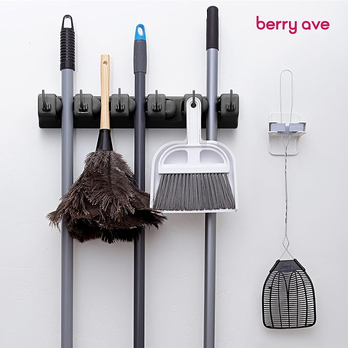 Berry Ave 5 Racks 6 Hooks Mop and Broom Holder Wall Mount, Broom Organizer Storage Tool Rack, Heavy Duty Wall Mount for Brooms and Mops, Utility Closet Garage Kitchen Laundry Organizer - Image 8