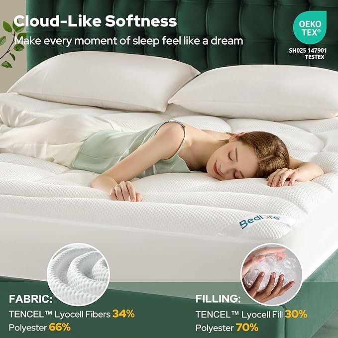 BEDLORE Queen Mattress Topper, Thick Tencel™ Blend Pillow Top Mattress Pad, Soft and Breathable Mattress Cover for Back Pain Relief, Deep Pocket Design Fits 6–18 Inches Mattresses(White)