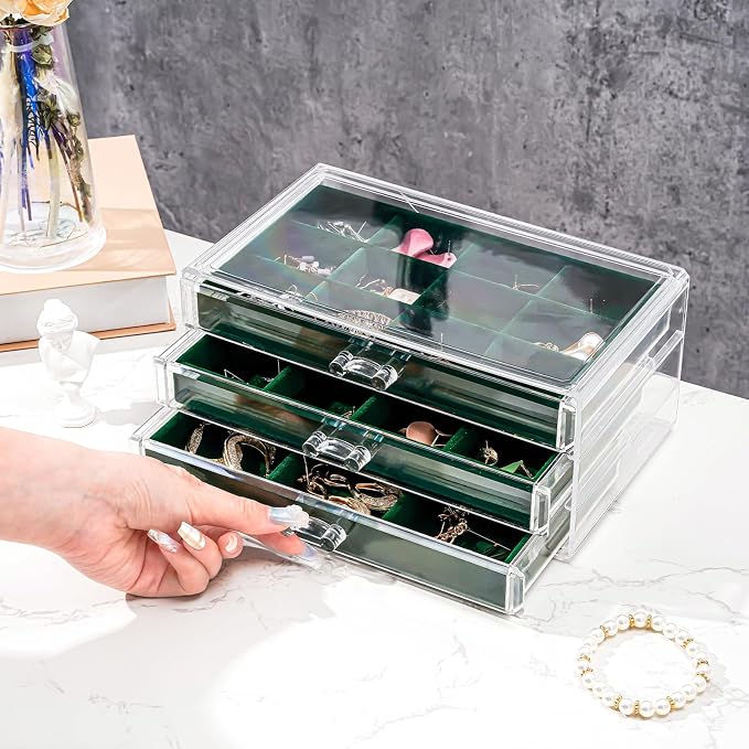 ProCase Earring Holder Organizer Jewelry Box with 3 Drawers, Acrylic Clear Earring Case with Adjustable Velvet Trays for Women - Emerald, 3 Layers - Image 3