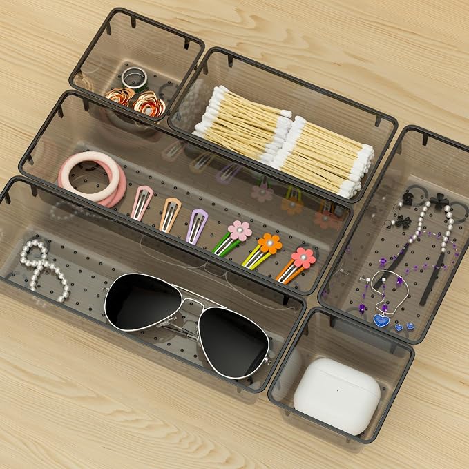 WOWBOX 6 Pack Clear Drawer Organizer Set, Acrylic Drawer Storage Trays, Storage Bins for Makeup, Cosmetics, Jewelries, Utensils, Gadgets, Office, Black - Image 7