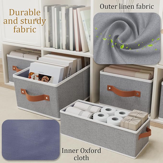 OUTBROS Cube Storage Unit Boxes, Foldable Bins for Bedrooms, Living Rooms, Shelves, Baskets With Handles, Fabric Wardrobe Organiser, Grey, 16.1 x 6.5 x 9.8 inch, 3-Pack - Image 5
