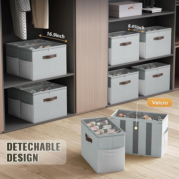 Budding Joy 2 Pack Shoe Organizer for Closet, Clear Foldable Shoe Storage Containers Adjustable Dividers Fits 16 Pairs,Shoe Storage Bins Baskets Boxes with Reinforced Handles Light grey - Image 5