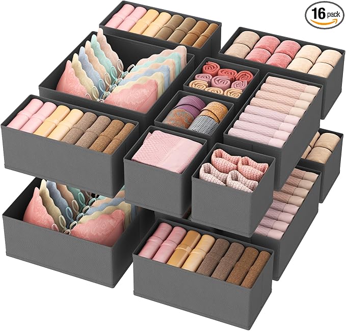 Lifewit 16 Pack Drawer Organizer, Dresser Underwear Drawer Organizer Bins, Foldable Fabric Closet Organizers, Storage Drawer Dividers, Dorm Room Essentials for Clothing, Socks, Towels, Ties Gray by Lifewit