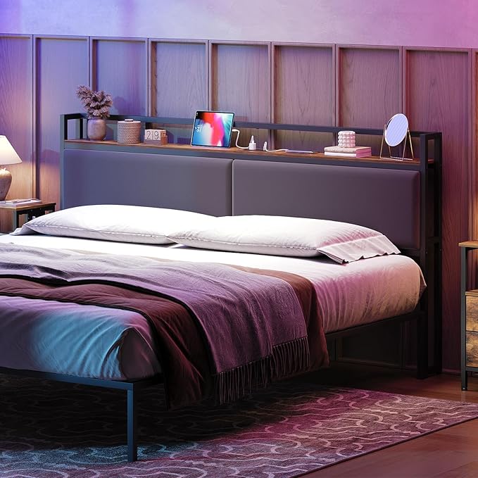 YATINEY King Size Headboard Only, King Headboard with Charging Station, Upholstered Head Board with Open Storage, Height Adjustable, Vintage Style, Sturdy and Stable, Rustic Brown, Gray and Black