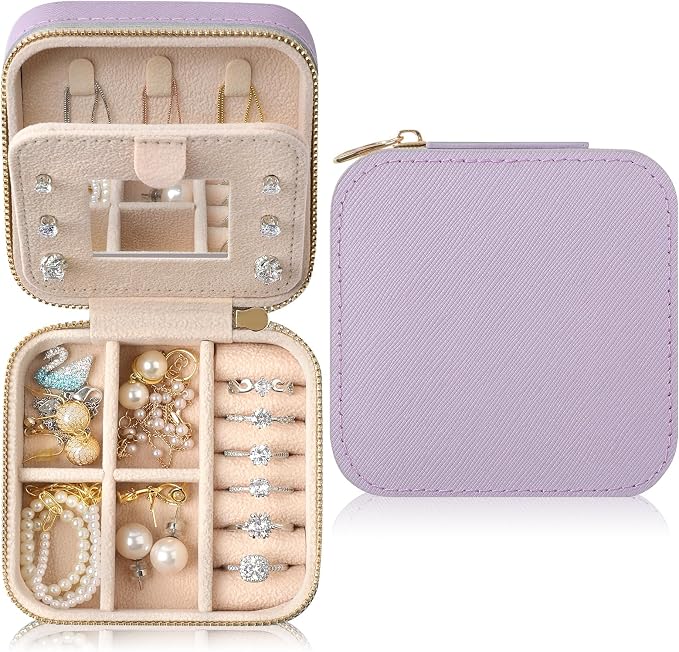 Genuine Leather Travel Jewelry Case Organizer with Mirror for Women, Small Jewelry Box Portable Mini Jewelry Case for Earring, Ring, Necklace, Bracelet(Lilac) by NGVRC