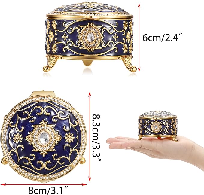 Hipiwe Vintage Jewelry Box Round Metal Treasure Chest Box Enameled Jewelry Trinket Box for Ring Earrings Necklace,Sparkling Keepsake Box Gift for Birthday Christmas,Blue - Image 2