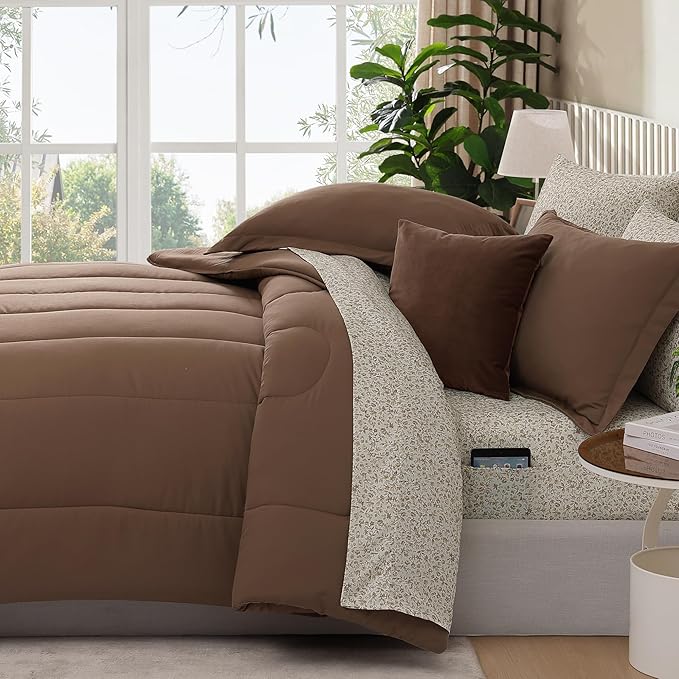 Monbix Full Comforter Set - 7 Pieces Brown Bed in a Bag Full Size Track Stitching Bedding Sets, All Seasons Comforter with Sheets, Pillowcases & Shams