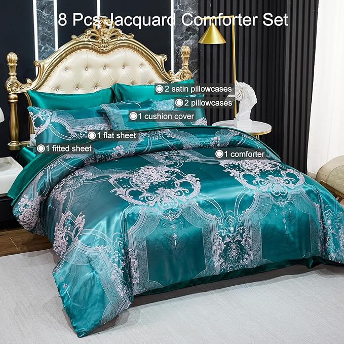 Bedding_Dreamer Jacquard King Comforter Set Green Sheet Set Satin Bedding Set 8 Pcs Vintage Neoclassical Floral Bed Home Decor Soft Comforter Luxury Hotel Silky Bed in a Bag with 1 Cushion Cover
