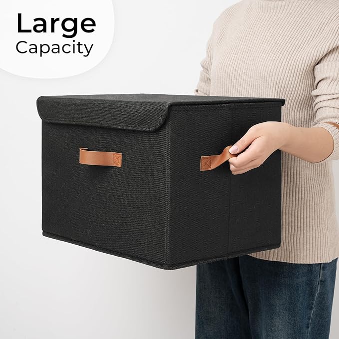 GRANNY SAYS Black Storage Bins with Lids, Decorative Storage Boxes with PU Handles, Linen Closet Organizer, Storage Baskets for Shelves, Fabric Storage Bins for Clothes, Extra Large - Image 6