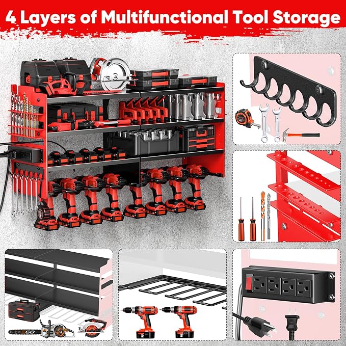 POKIPO Large Power Tool Organizer Wall Mount with Charging Station,4 Layer Heavy Duty Metal Tool Storage Shelf Loads 600lbs,Battery Utility Rack With 4 Outlet Power Strip with 8 Cordless Drill Holder - Image 5