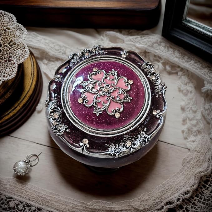 Handcrafted Round Jewelry Box - Vintage Rose Treasure Box with Carved Floral Lid, Elegant Organizer for Rings, Earrings, Necklaces and Bracelets, Romantic Gift for Wedding and Anniversary - Image 3