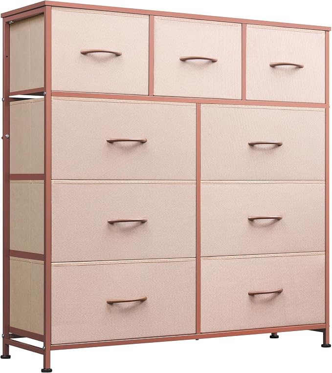 WLIVE 9-Drawer Dresser, Fabric Storage Tower for Bedroom, Hallway, Entryway, Closet, Tall Chest Organizer Unit with Fabric Bins, Steel Frame, Wood Top, Easy Pull Handle, Pink by WLIVE