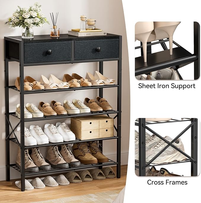 Shoe Rack for Entryway, 5 Tier Shoe Organizer with 2 Non-Woven Drawers, Metal Storage Shoe Shelf for 16-20 Pairs of Shoes, with Wooden Top and Steel Frame, Shoe Stand for Closet Black Grey - Image 6