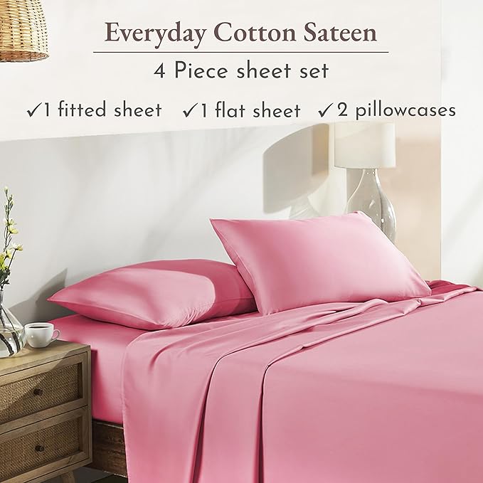 California Design Den Full Size Sheets Set - Natural 100% Cotton Bed Sheets, Soft Sateen Weave, Fully Elasticized Deep Pockets, Breathable and Durable Bedding - Doll Pink