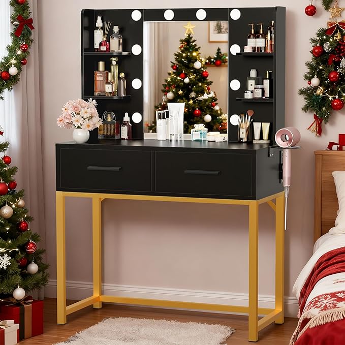 YESHOMY Vanity Desk with Mirror, Makeup Table with 2 Large Drawers, Power Outlet and Round Holder, 3 Color Modes Adjustable Bulb, Pure Black & Golden