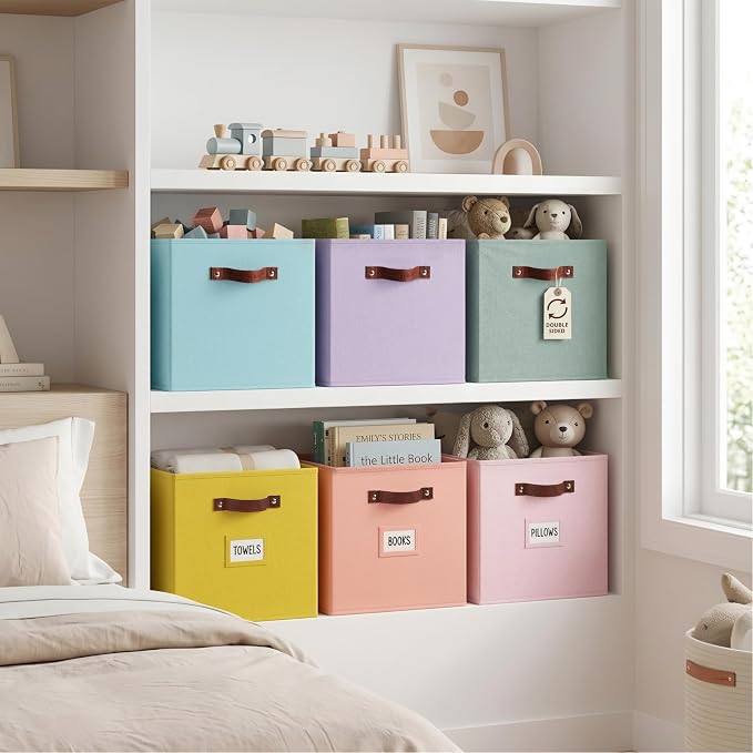 DECOMOMO Storage Bins, Cube Storage Bin with Labels, Fabric Storage Cubes for Shelves (10.5" x 11" / 6pcs, Rainbow) - Image 2