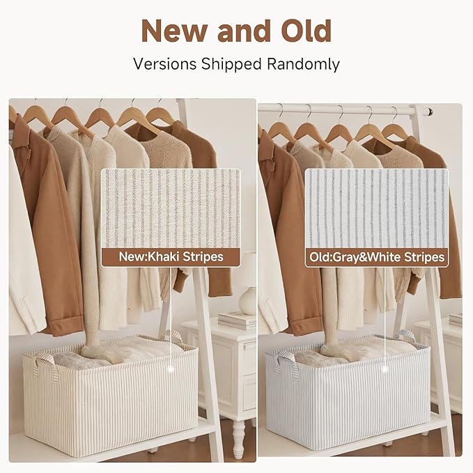 StorageWorks Storage Bins, Fabric Storage Bins for Shelves, Large Storage Baskets with Metal Frame, Closet Baskets and Bins with Handles, Khaki and Beige Stripes, 2-Pack - Image 2