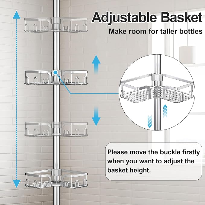 Corner Shower Caddy Tension Pole 4 Tier Adjustable Stainless Steel Shower Shelf for Inside Shower Bathtub Shampoo,Standing Bathroom Organizer Shelves with 39 to 113 inch Height - Image 4