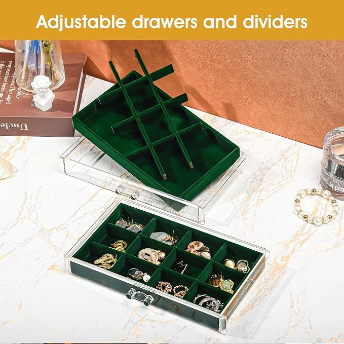 ProCase Earring Holder Organizer Jewelry Box with 3 Drawers, Acrylic Clear Earring Case with Adjustable Velvet Trays for Women - Emerald, 3 Layers - Image 2