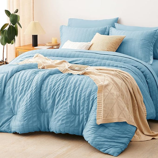 CozyLux Full Size Comforter Sets with Sheets 7 Pieces, Sky Blue Seersucker Bed in a Bag Textured Luxury Soft Bedding Set with Down Alternative Comforter, Sheets, Pillowcases & Shams for All Season
