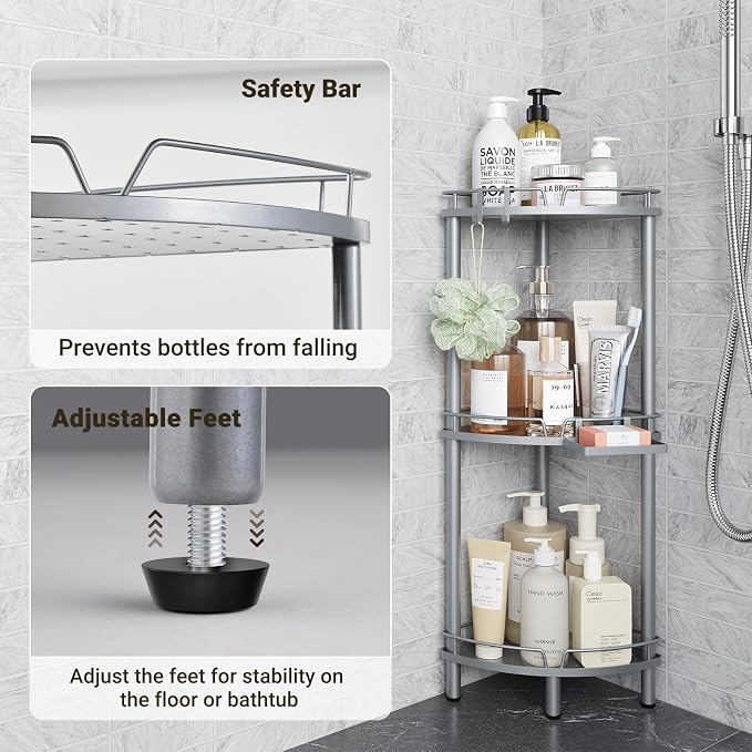 ELYKEN Corner Shower Caddy Standing, 3 Tier Rustproof Metal Shower Organizer with Soap Holder, Floor Shower Corner Shelf Rack Storage Stands with Adjustable Feet & 2 Hooks for Bathroom, Silver - Image 6