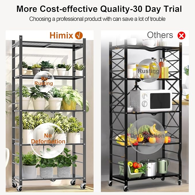 Himix Storage Shelves with 20 Hooks, 5-Tier Foldable Shelves for Storage, Folding Shelf Unit Pantry Shelves Bookshelf with Wheels, Vendor Display Racks for Craft Shows, Home, Grey - No Assembly - Image 6