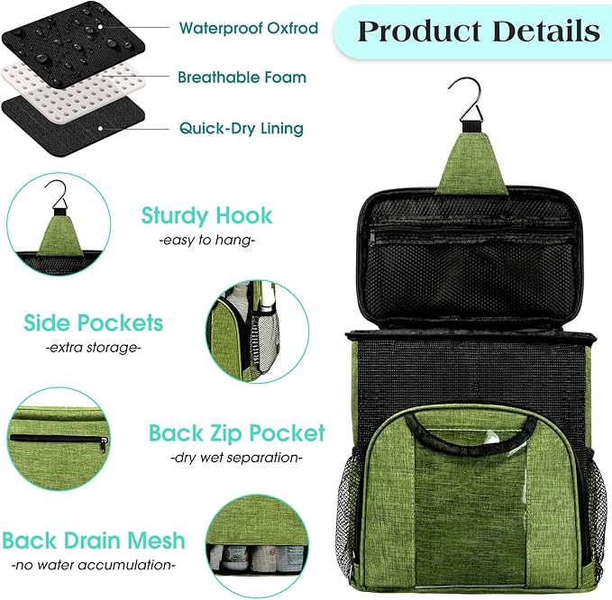 Attmu Portable Shower Caddy College Tote Bag, Quick Dry Hanging Toiletry Bag, Large Capacity Mesh Shower Caddy Portable for College Dorm Room Essentials for Boys and Girls for Bath Camping (Green) - Image 4