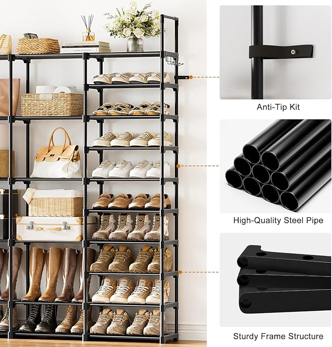 WOWLIVE 4 Row 10 Tiers Extra Large Shoe Rack Big Tall Metal Shoe Shelf, Heavy Duty Organizer for Closet Entryway, Boot Rack Storage Stackable Stand for Garage Black - Image 7