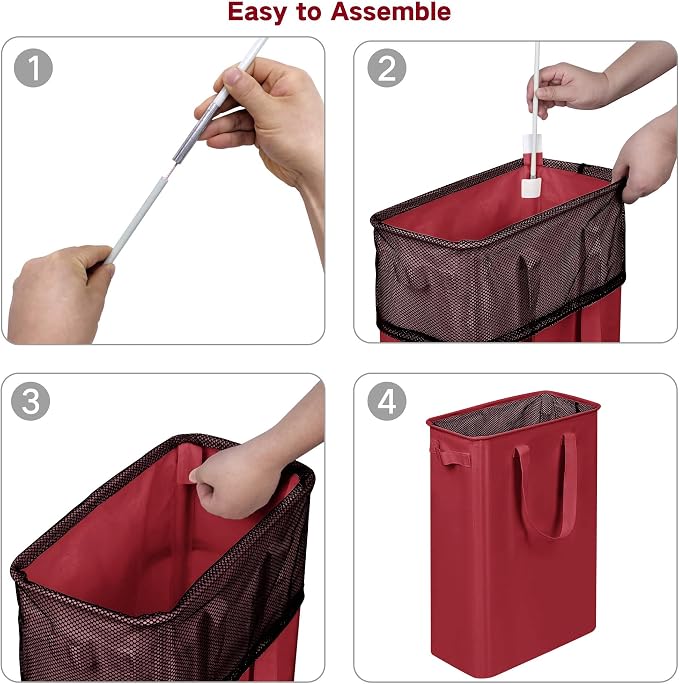 efluky Slim Laundry Basket, Narrow Laundry Hamper with Handles, Collapsible Dirty Clothes Hamper, Tall Laundry Bin for Laundry Room, Dorm and Bedroom, 48L (12.7 Gallon) Burgundy Red - Image 6