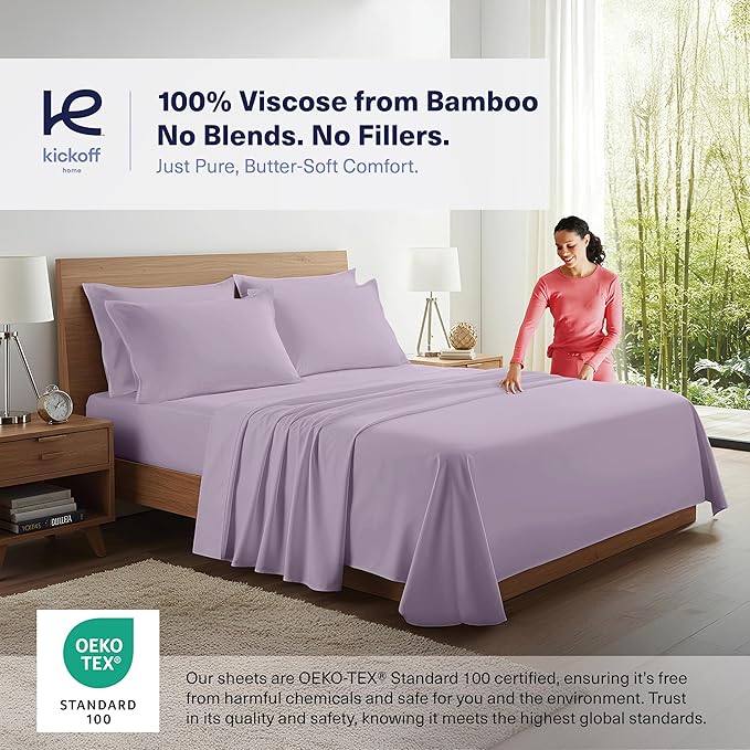 Kickoff Viscose Bamboo Sheets Full Size 4-pc 100% Organic Bamboo Viscose Bed Cooling Sheets Full Size Set Cool Bedding for hot Sleepers Sheet, Flat, Fitted, Pillowcases (Lavender, F)