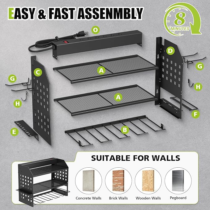SUNALLY Power Tool Organizer Wall Mount with Charging Station,3 Layer Heavy Duty Metal Tool Storage Rack with 4 Drill Holders, Power Tool Shelf for Garage, Warehouse, Workshop, Gifts for Men, Husband - Image 4