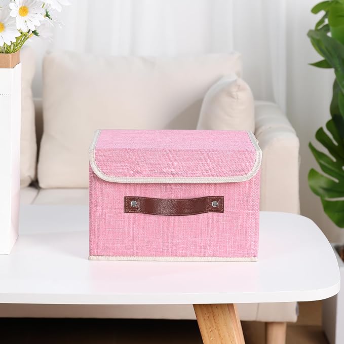 ANMINY Storage Bin with Lid Storage Boxes with PU Leather Handles PP Plastic Board Decorative Foldable Lidded Cotton Linen Fabric Home Cubes Baskets Closet Organizer Container - Pink, Small Size - Image 6