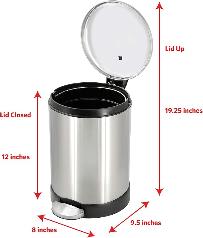 Glad Small Trash Can, 1.2 Gallon | Round Stainless Steel Garbage Bin with Soft Close Lid & Step Foot Pedal | Metal Waste Basket with Removable Inner Bucket, Stainless, 8 x 9.5 x 12 inches - Image 2