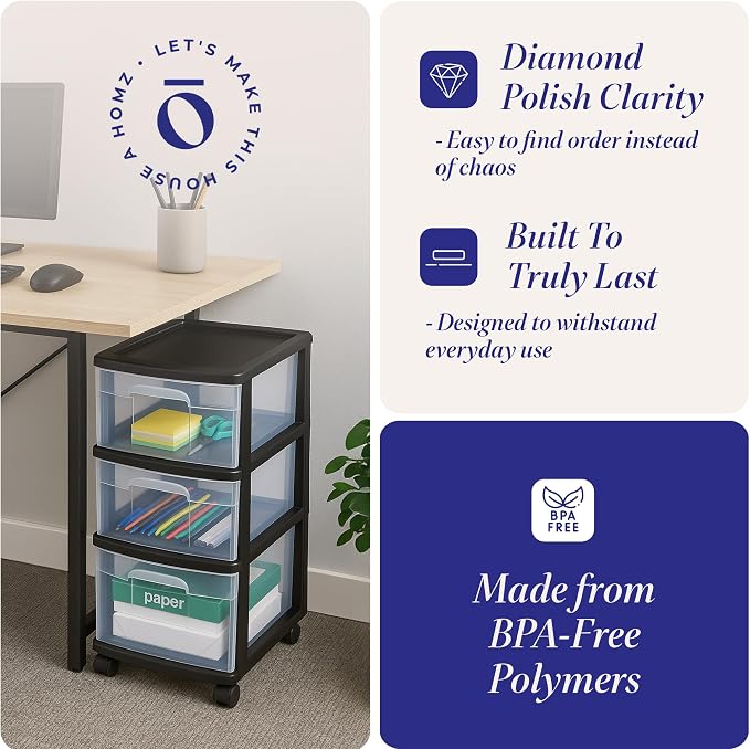 HOMZ 2-Pack Drawer Tower, 3-Tier Clear Plastic Storage Organizer Cart, Black Frame - Organizing Containers with Wheels for Home, Bathroom, Bedroom, Office, and Classroom - Image 5