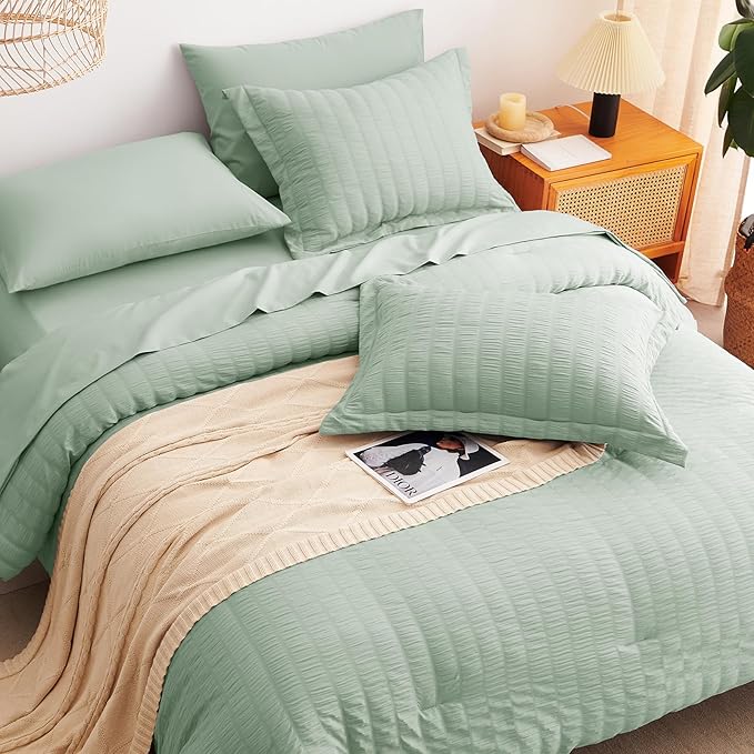 CozyLux Full Size Comforter Sets with Sheets 7 Pieces, Sage Green Seersucker Bed in a Bag Textured Luxury Soft Bedding Sets with Down Alternative Comforter, Sheets, Pillowcases & Shams for All Seasons