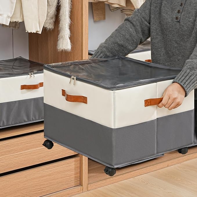 INSTY 2 Pack Shoe Organizer for Closet,Shoe Storage Organizer with Wheels, Fits up to 32 Pairs,Adjustable Dividers,Fabric Shoe Storage Bins with Clear Cover,Beige and Grey - Image 5